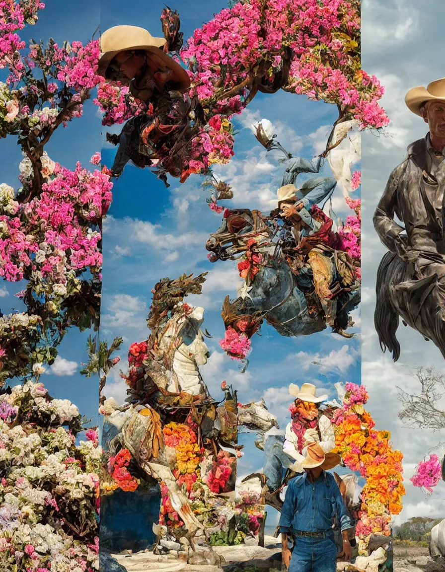 Image similar to a cowboy turning into blooms by slim aarons, by zhang kechun, by lynda benglis. tropical sea slugs, angular sharp tractor tires. complementary bold colors. photo of a manly cowboy. warm soft volumetric dramatic light. national geographic. 8 k, rendered in octane, smooth gradients. angular sculpture by antonio canova by gian lorenzo bernini.