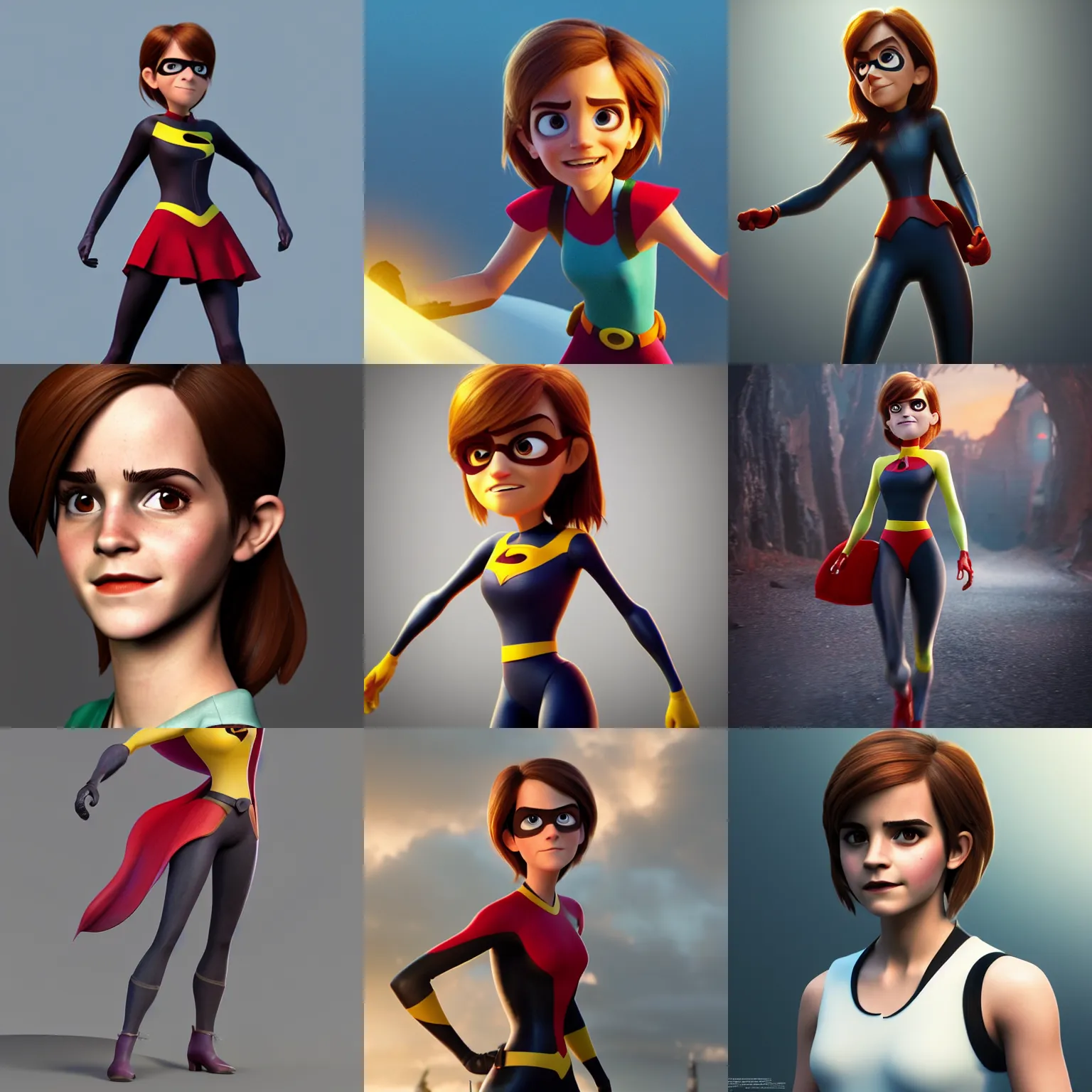 Prompt: emma watson as a pixar character cgsociety octane render unreal engine redshift render trending on artstation helen parr from The Incredibles cgsociety trending on artstation render blender behance cg superhero