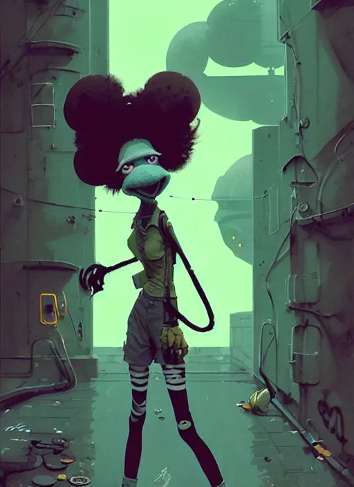 Prompt: highly detailed portrait of a moody sewerpunk young adult muppet lady by atey ghailan, by greg rutkowski, by greg, tocchini, by james gilleard, by joe fenton, by kaethe butcher, gradient yellow, black, brown and cyan color scheme, grunge aesthetic!!! ( ( graffiti tag city background ) )