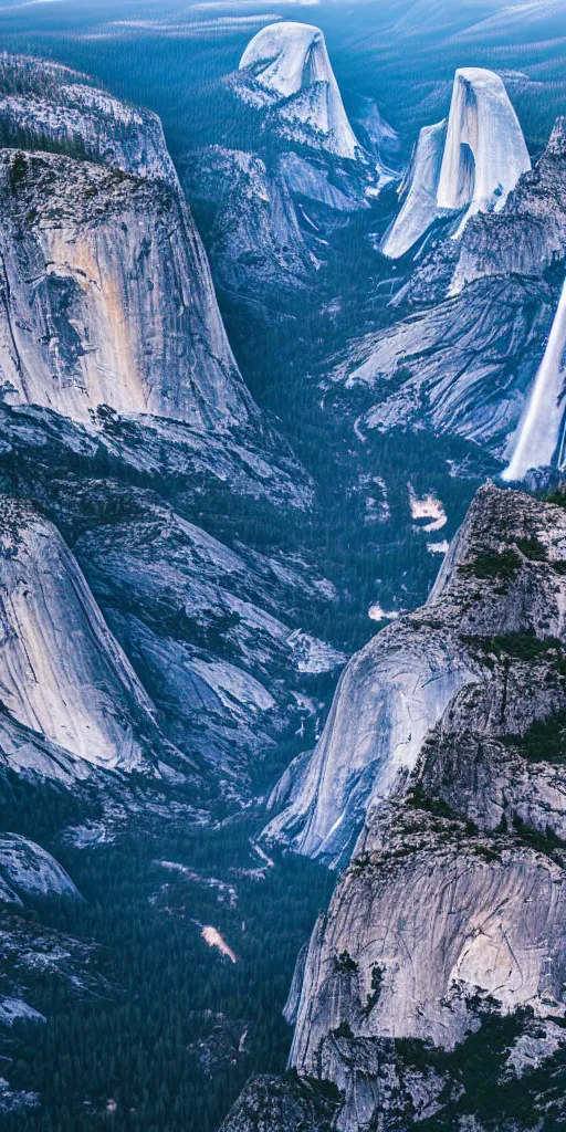 Prompt: wide angle shot of spectacular aerial view looking down on Yosemite National Park, early morning, cinematic lighting, epic, highly detailed, HD, Volumetric lighting, Octane Render