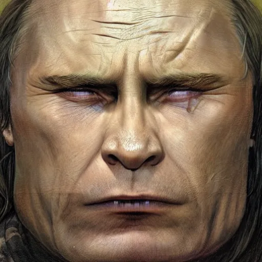 Image similar to vladimir putin, vladimir putin is evil ogre, toothless mutant, horror, macabre by donato giancola and greg rutkowski and wayne barlow and zdzisław beksinski, realistic face, digital art