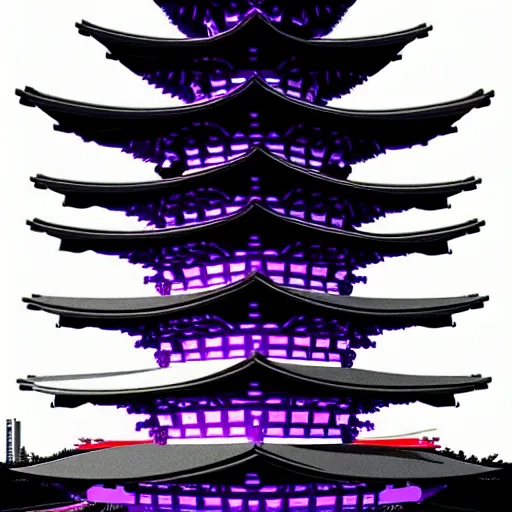 Image similar to Futuristic Pagoda Shrine in Tokyo megapolis in style of Tsutomu Nihei in purple and black tones. ArtStation, Cyberpunk, vertical symmetry, 8K, Highly Detailed, Intricate, Album Art.