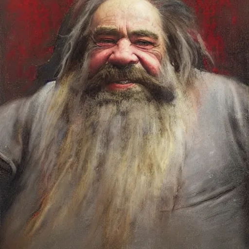 Image similar to Solomon Joseph Solomon and Richard Schmid and Jeremy Lipking victorian genre painting portrait painting of a old rugged actor dwarf warrior from the hobbit , red background