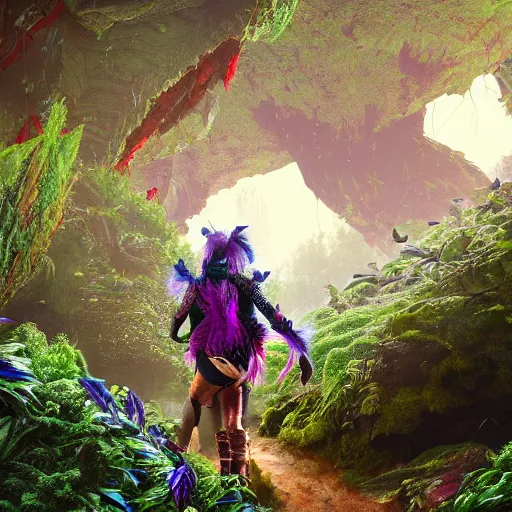 Image similar to explorer woman walking in animal fur armour, walking in a dense alien jungle with colourful red, blue and purple plants, large vines, mossy organic rock structures, in the style of monster hunter world, like concept art on artstation, hyperdetailed, vray render, octane render,