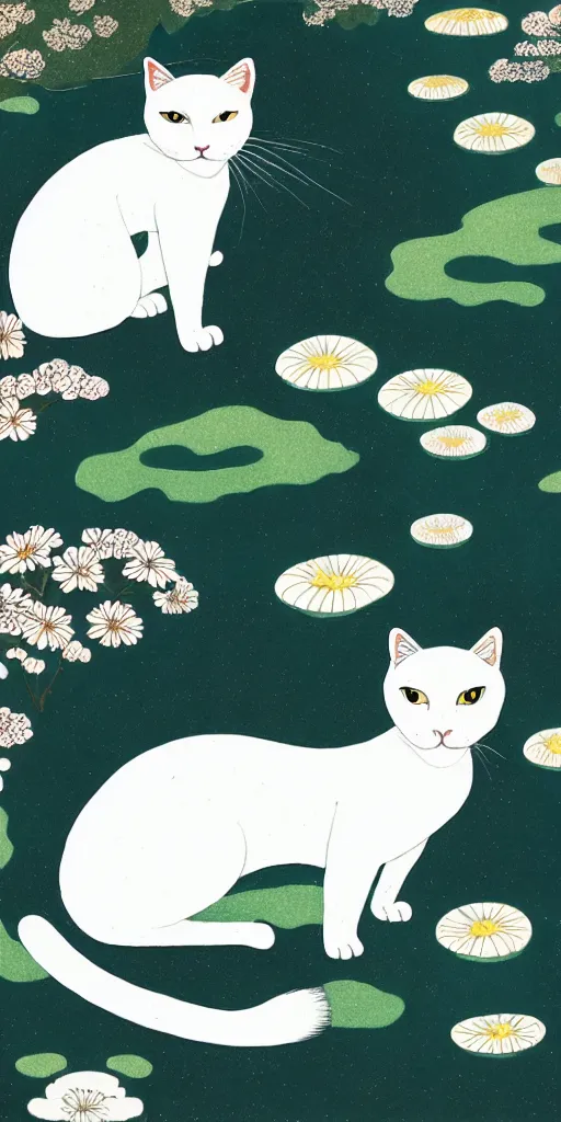 Prompt: white cat in center of an ancient japanese garden, in the style of victo ngai, animal portrait