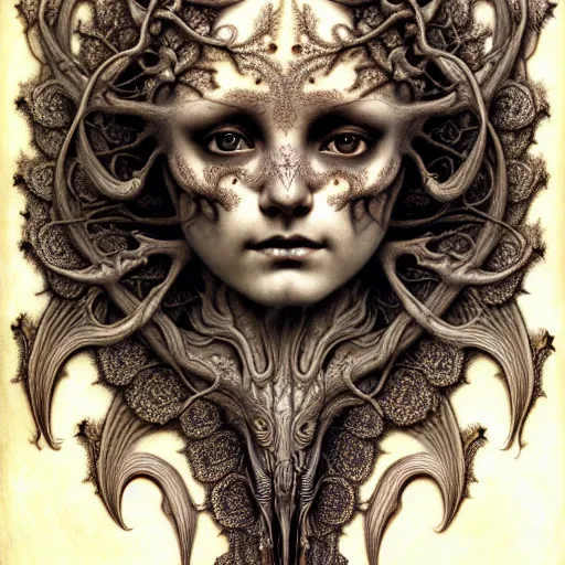 Image similar to detailed realistic beautiful calaveras death goddess face portrait by jean delville, gustave dore, iris van herpen and marco mazzoni, art forms of nature by ernst haeckel, art nouveau, symbolist, visionary, gothic, neo - gothic, pre - raphaelite, fractal porcelain lace, intricate alien botanical biodiversity, surreality, hyperdetailed ultrasharp octane render