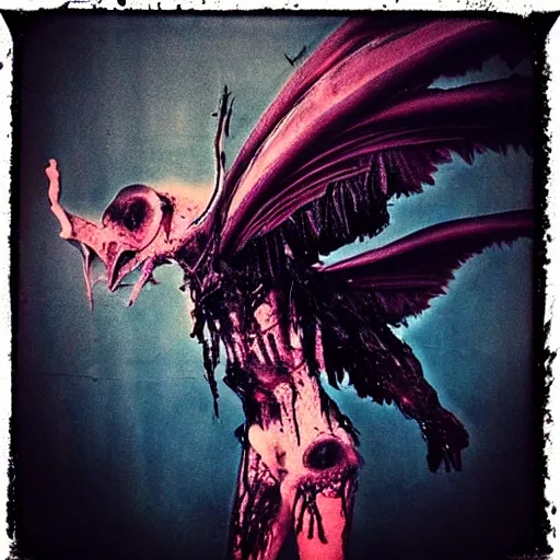 Image similar to a dark artistic photo of an alien creature with crazy wings, a polaroid photo, bleeding decaying colors!