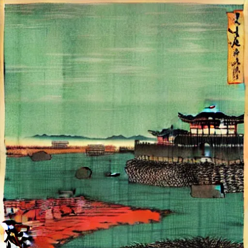 Prompt: a chinese prison near a river by peter doig and ukiyo - e, muted colors