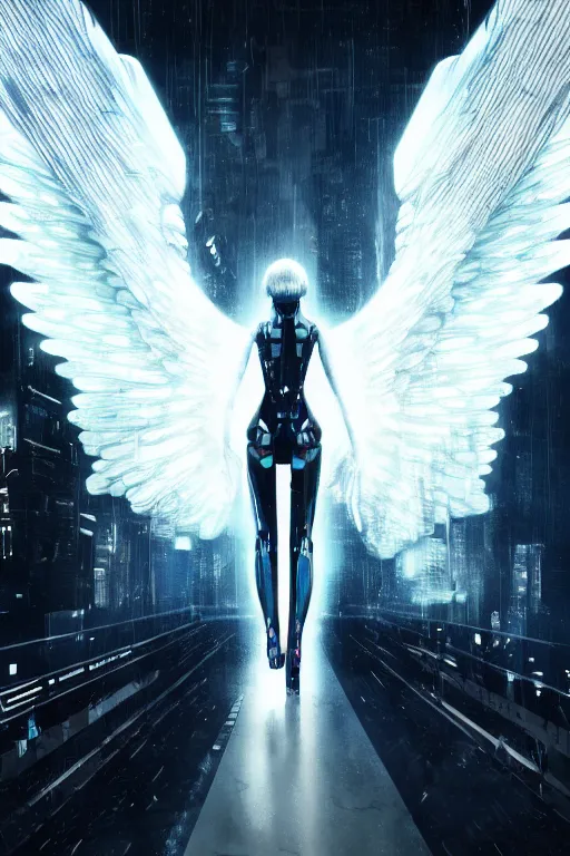 Image similar to white arc-angel with mystic robotic wings, blade runner, akira, ghost in the shell, 2077, ultra detailed, digital art, 8k ,character ,realistic, portrait, hyperrealistic