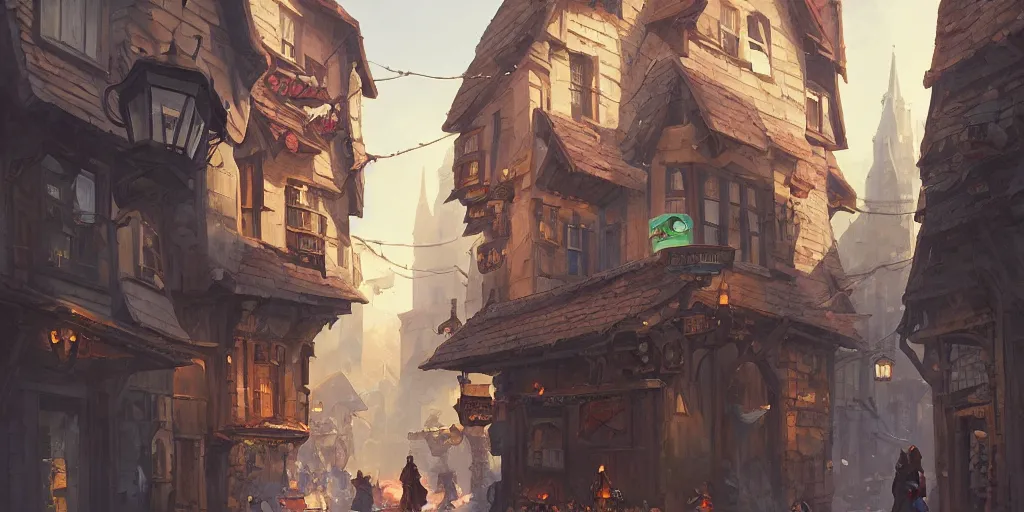 Image similar to a busy fantasy street within a fascinating old city, quirky shops, narrow streets, old buildings, by Sylvain Sarrailh, cinematic, simple but effective composition, clean lines, beautiful digital painting, oil painting, detailed, dungeons and dragons, lord of the rings