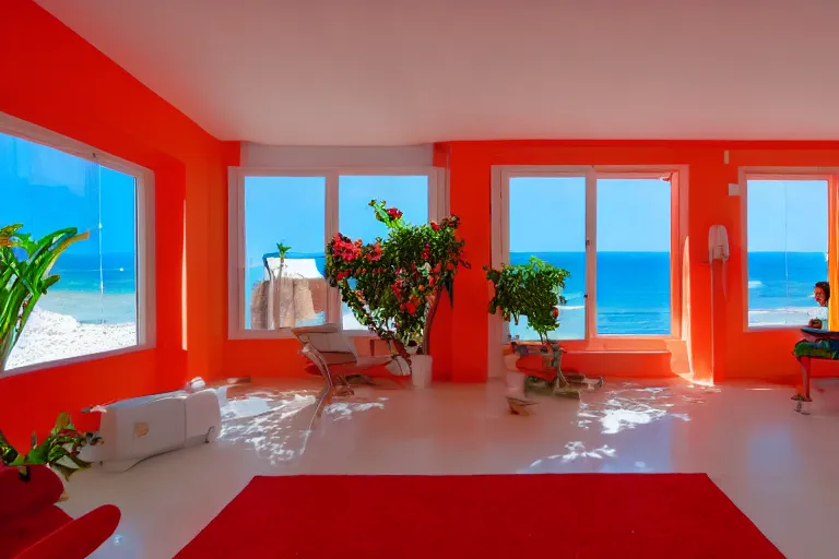 Prompt: a room of a villa with orange walls white floor plants, red piano, a big window with a view of the beach and sea, beautiful cinematic masterpiece very detailed