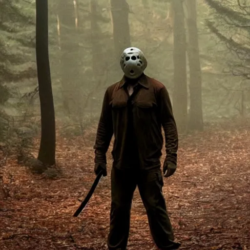 Prompt: A still image of Jason Voorhees in the woods foggy very detail 4K quality super realistic