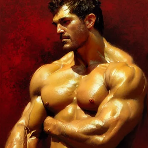 Prompt: greek god, muscular, red and gold, detailed face, thighs, painting by Gaston Bussiere, Craig Mullins