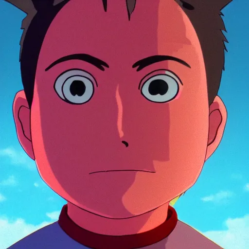 Prompt: Boy with neutral face, highly detailed face, red bloody sky, made by Studio Ghibli, back light, highly detailed art, beautiful scene, sharp focus, smooth, 8k