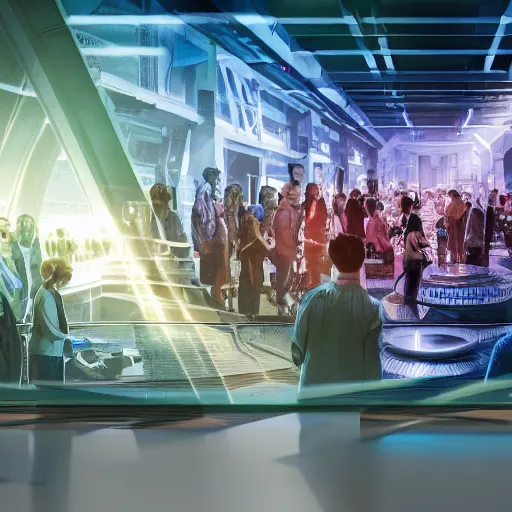 Image similar to large group people in a warehouse, looking at hologram of futuristic city on a table, cinematic concept art, godrays, golden hour, natural sunlight, 4 k, clear details, tabletop model buildings, tabletop model, hologram center, crane shot