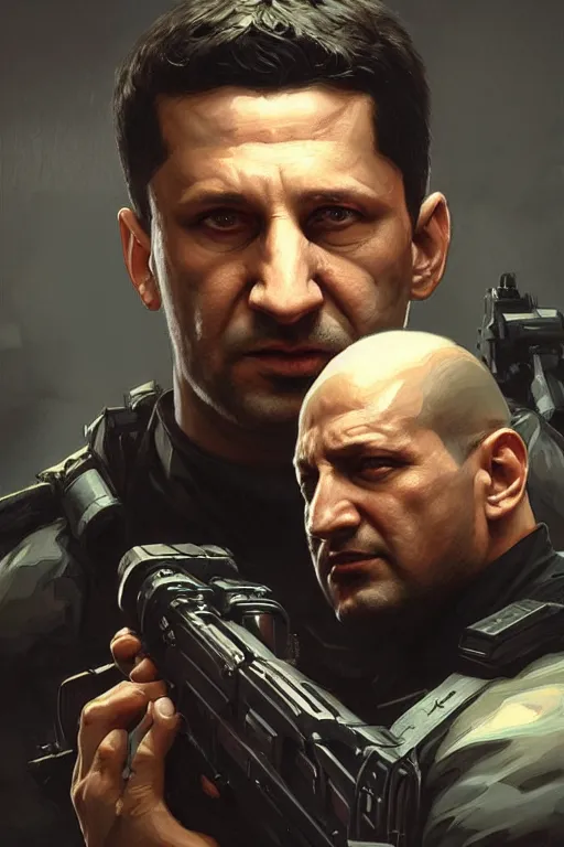 Image similar to volodymyr zelensky as punisher, portrait, highly detailed, digital painting, artstation, concept art, smooth, sharp focus, illustration, cinematic lighting, art by artgerm and greg rutkowski and alphonse mucha