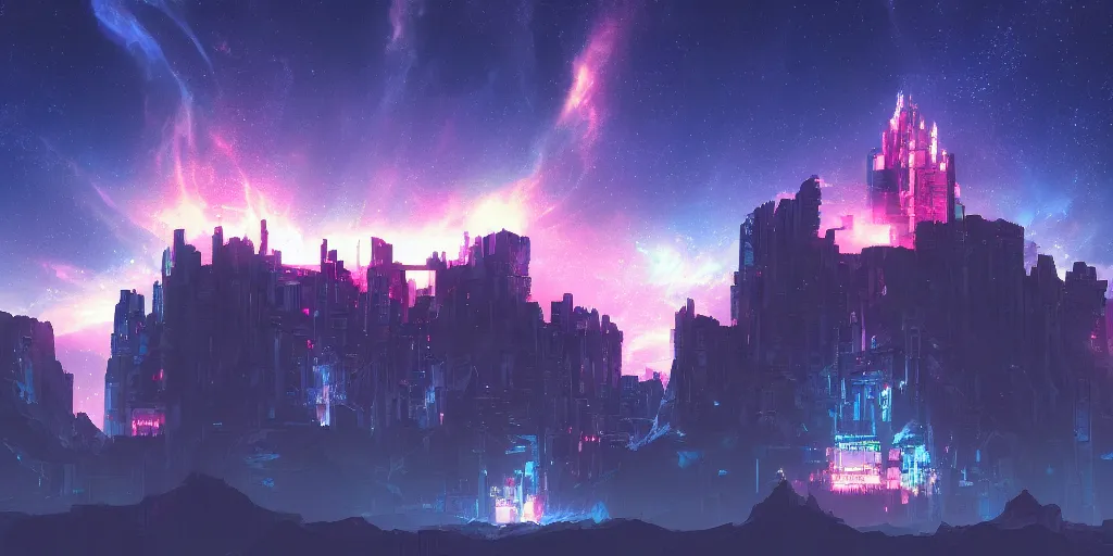 Image similar to stone castle in the style of cyberpunk and a glow ontop of a mountain, space sky, anime illustration,