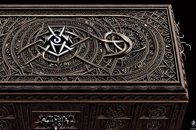 Image similar to an ancient ornate intricate old spell satanic coffin with the sigil symbol of evil emblazoned on the cover, cinematic, realistic, intricate detail, finely detailed, small details, extra detail, photorealistic, high resolution, 3 d, pbr, path tracing, volumetric lighting, octane render, arnold render, 8 k