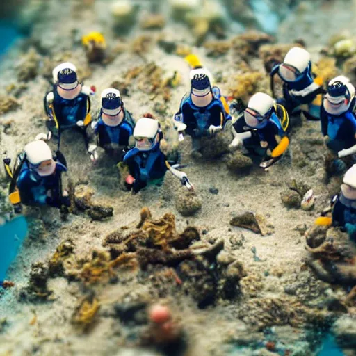 Image similar to tilt-shift photography of a group of scuba divers inside of a coffee mug, 8k, highly detailed, realistic