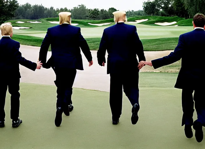 Prompt: Donald Trump with hands behind back taken away by two young FBI agents wearing uniforms at golf course, photo by Alex Webb, photo by James Nachtwey