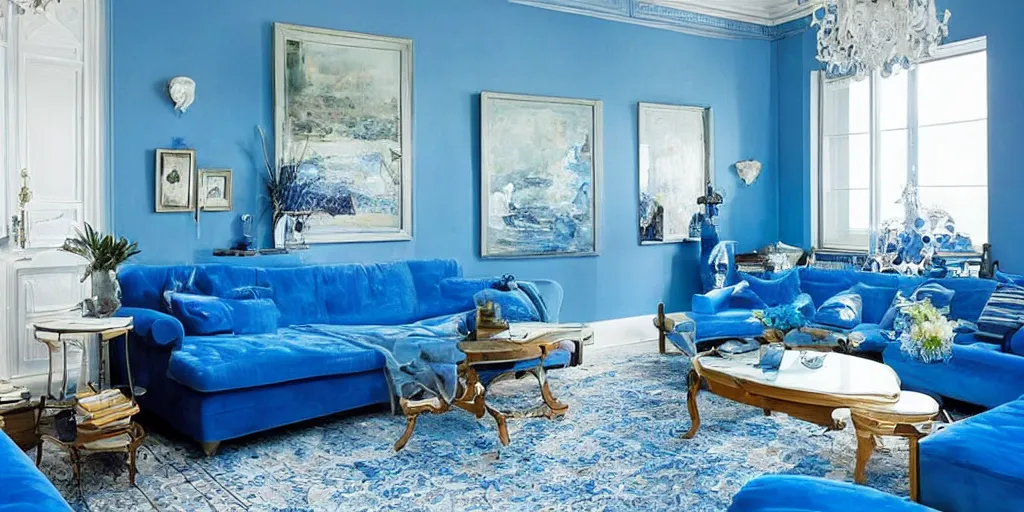 Image similar to ultra wide photo the ultimate essence of blue, a residential interior that's completely a solid bright blue on every surface and every item, blue personified, thick overflowing paint and poofy blue couches, really really really blue. a large photograph on the wall is a picture of blue ocean waves. blue, blue, more blue, photorealistic, hyperreal