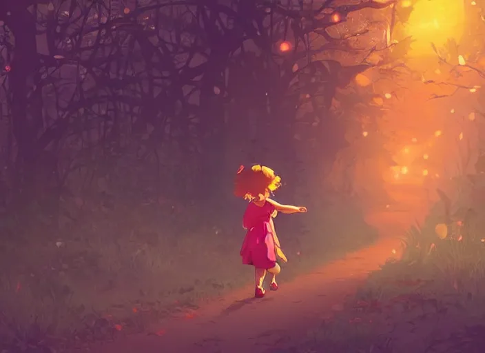 Image similar to little girl with short wavy curly light brown hair chasing fireflies in the woods. clean cel shaded vector art. shutterstock. behance hd by lois van baarle, artgerm, helen huang, by makoto shinkai and ilya kuvshinov, rossdraws, illustration, art by ilya kuvshinov