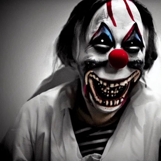 Image similar to terrifying clown, horror, creepypasta, unsettling, camera footage, found footage