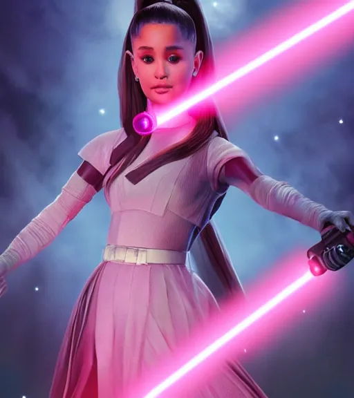 Image similar to A hyper realistic photo of Ariana Grande in the Star Wars universe with two pink lightsabers held in each hand. Maximum detail on artstation, photo realism, vivd details, vivd colour, volumetric lighting