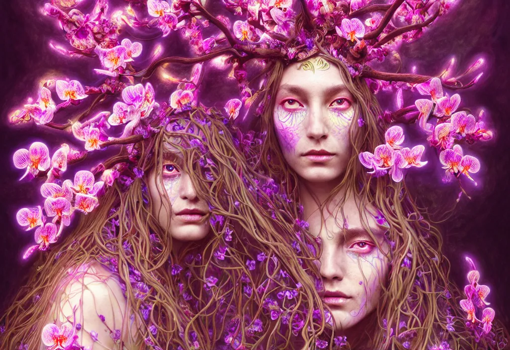 Prompt: psychedelic organic shaman, made of orchids and cherry blossom trees, diffuse lighting, fantasy, intricate, glowing third eye, highly detailed, photorealistic, digital painting, artstation, beautiful woman, concept art, smooth, sharp focus, by john collier and albert aublet, by amanda sage, wallpaper