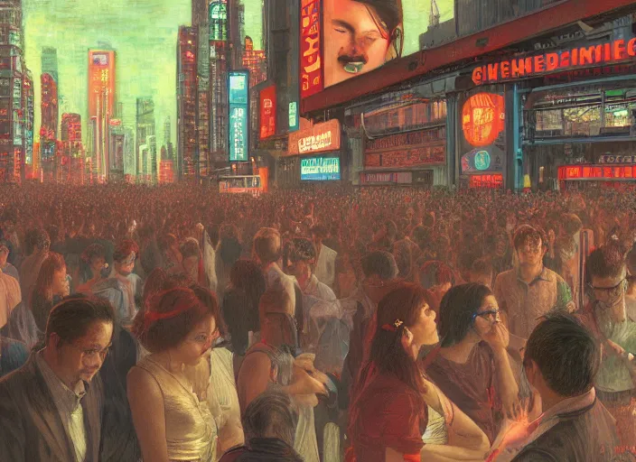 Prompt: crowd of people exterior office, portrait face, cyberpunk neon ads, in the style of jeremy enecio, intricate, miles johnston, monet, cynical realism, john william godward, painterly, yoshitaka amano, miles johnston, louise zhang, pekka halonen, finnish naturalism, realism