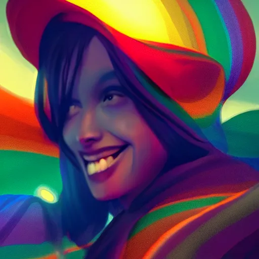 Prompt: A beautiful shiny rainbow with a smiling face, grim lighting, beautiful volumetric lighting, misty atmosphere, Trending on artstation, 4k, 8k