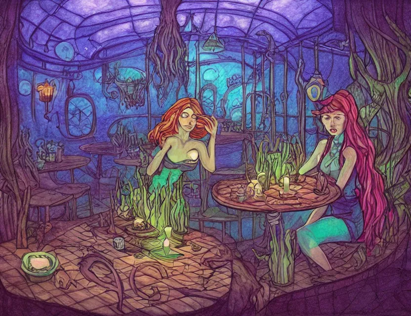 Prompt: witch in an underwater cafe. complementary colors, copic markers, indie concept art, bloom, chiaroscuro, backlighting, intricate details.