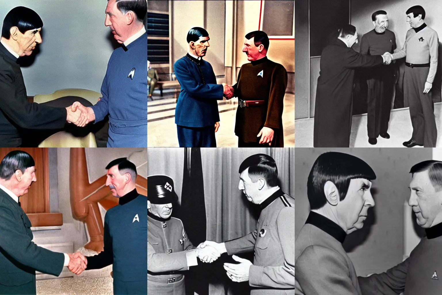 Prompt: Spock from Star Trek shaking hands with Adolf Hitler, award winning photo, colorized