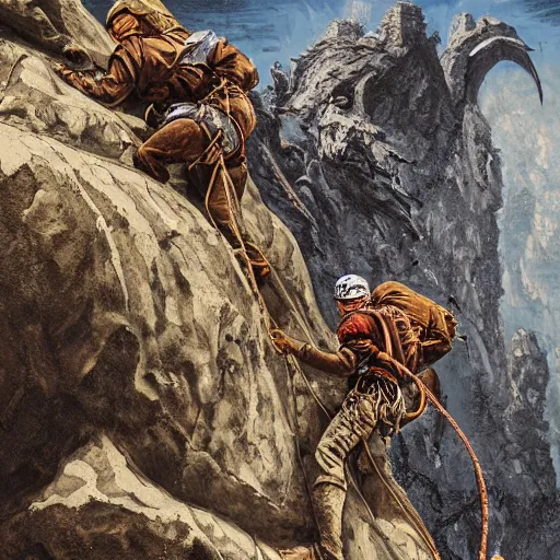 Prompt: groups of adventurer rock climbers climbing a giant ancient dragons skull, very detailed, fantasy art, dungeons and dragons, belaying, ropes, equipment, landscape, cover of national geographic