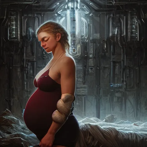 Prompt: pregnant female cyborg, cozy atmospheric and cinematic lighting, ultra rendered extreme realism and detail 8 k, highly detailed, realistic, refined, bautiful, fine art photography, hyper realistic, in the style of greg rutkowski, by artgerm, by gustave dore, by marco turini, photorealistic, elegant, sharp focus, majestic, award winning picture, intricate, artstation,