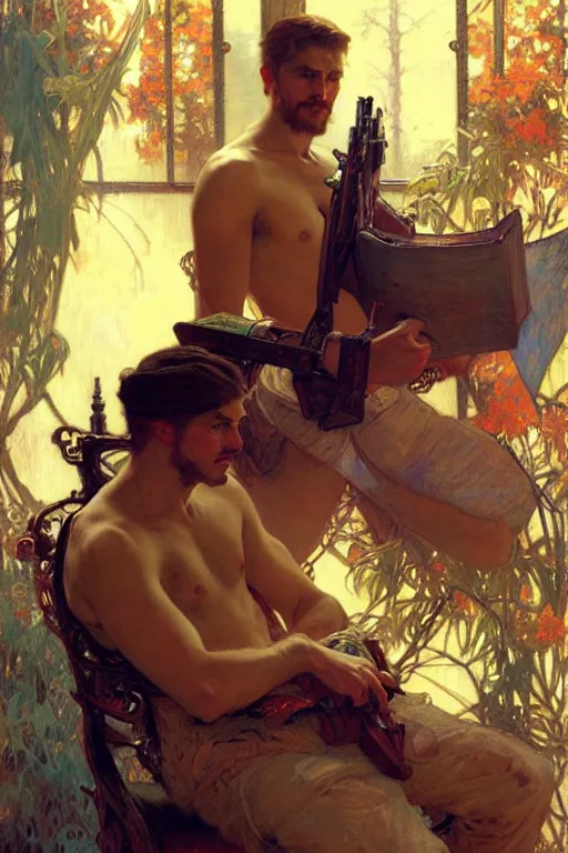 Image similar to attractive man playing video games, painting by gaston bussiere, craig mullins, greg rutkowski, alphonse mucha