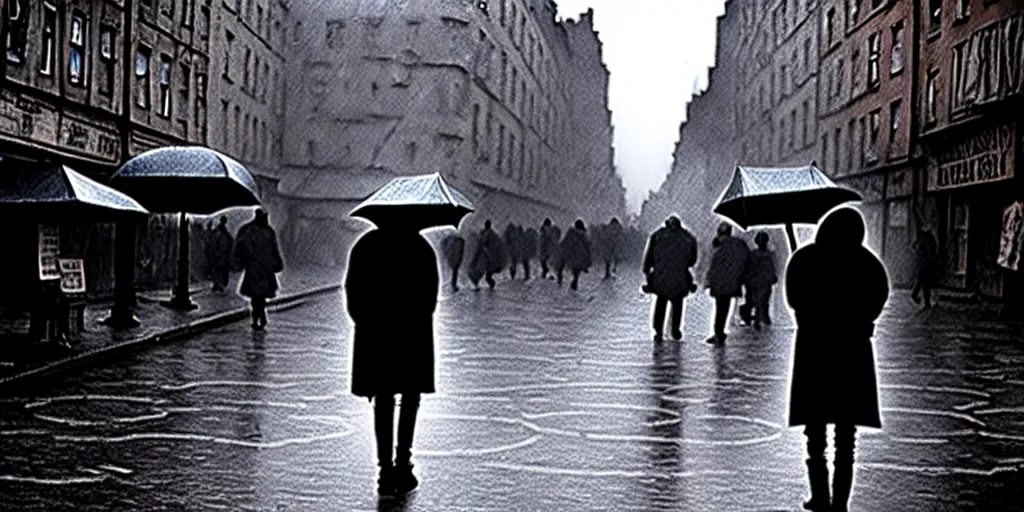 Image similar to medium shot | sadie sink in hoodie | lonely market stall selling umbrellas | in ruined square, pedestrians on both sides | steampunk tenement windows in background : 3 5 mm film, anamorphic, from schindler's list by steven spielberg. cyberpunk, cinematic atmosphere, detailed and intricate, perfect anatomy