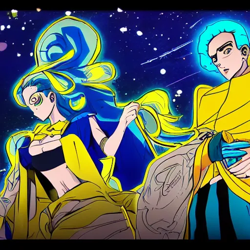 Image similar to a jojo bizarre adventures artstyle drawing : Marie the mother of Jesus dressing blue and yellow next to the pyramids