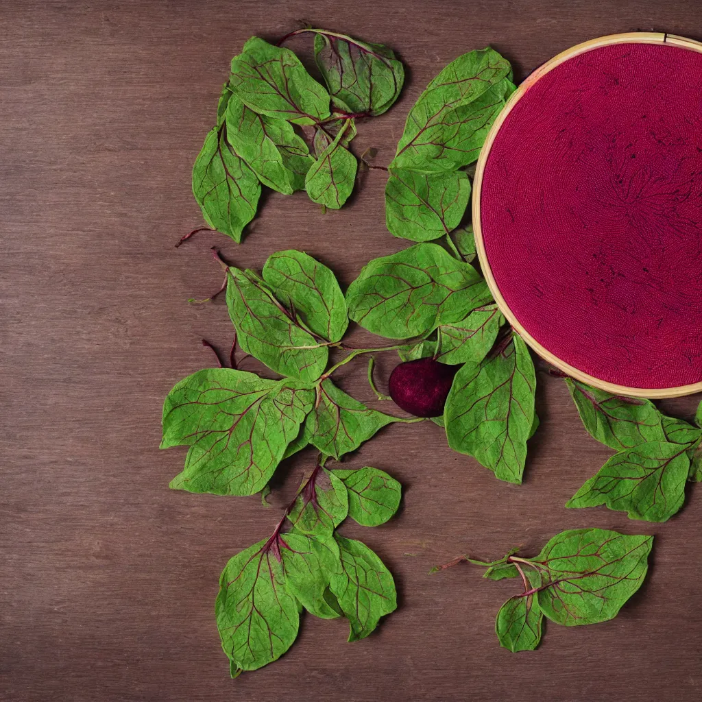 Image similar to embroidered beetroot with embroidered leaves and fractal roots, over vivid wood table, food photography. post - production : super detailed : masterpiece