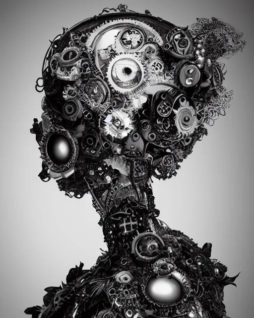 Image similar to black and white dreamy foggy smoky profile face portrait, one silver steampunk eye biomechanical beautiful young female cyclope - cyborg - robot bust, body ribs meshes,, volumetric light, hibiscus flowers, by hg giger, rim light, by dora maar and cecile beaton, big gothic fashion pearl embroidered collar, 8 k
