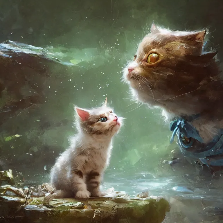 Image similar to a painting of a cute kitten at a river. character design by cory loftis, fenghua zhong, ryohei hase, ismail inceoglu and ruan jia. volumetric light, detailed, rendered in octane