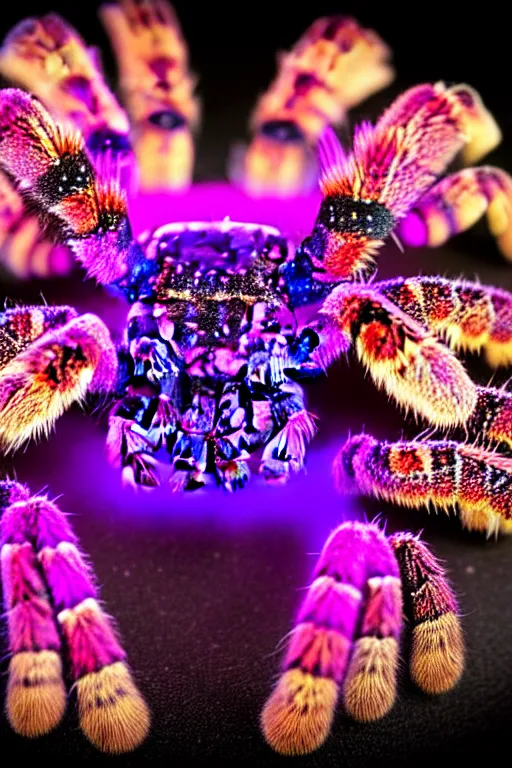 Image similar to high quality close-up photo gothic holographic tarantula! jewelled gorgeous! highly detailed david ligare elson peter cinematic purple neon lighting high quality low angle hd 8k sharp shallow depth of field