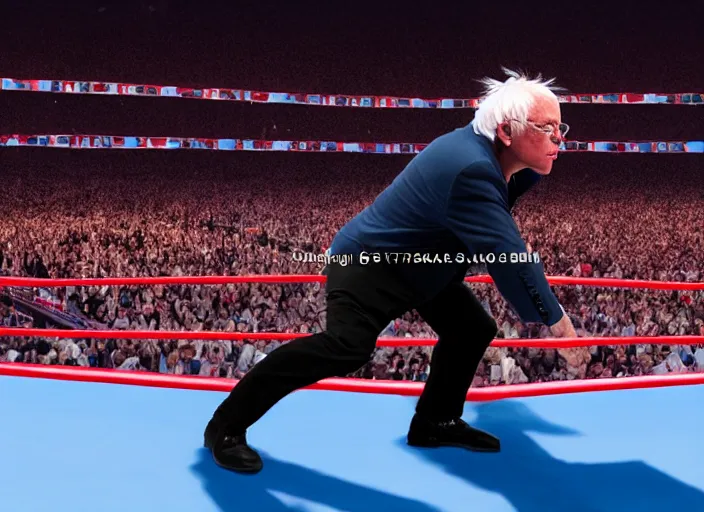 Image similar to photo still of bernie sanders in the ring at wwe wrestlemania 3 6!!!!!!!! at age 7 8 years old 7 8 years of age!!!!!!! posing on top turn buckle, 8 k, 8 5 mm f 1. 8, studio lighting, rim light, right side key light