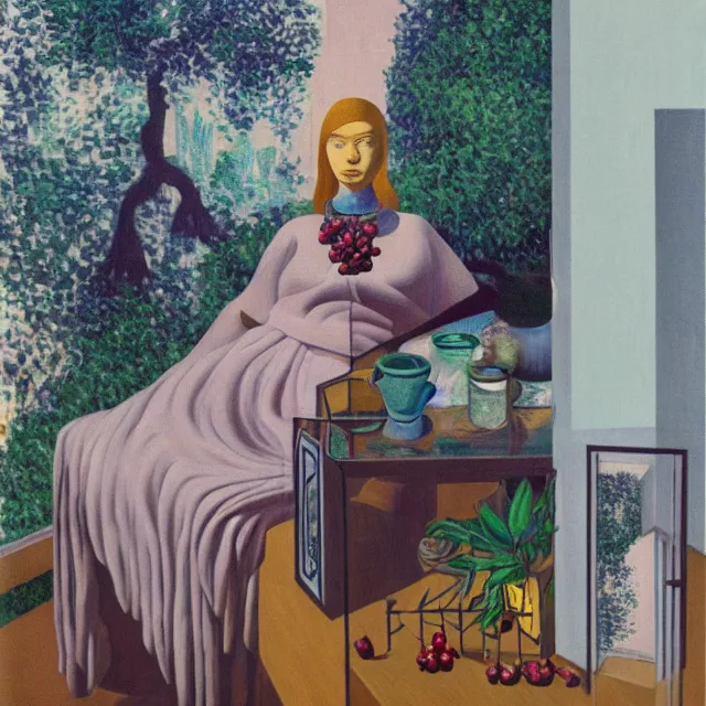 Prompt: a female art student in her apartment, plants in glass vase, river flowing through a wall, pig, buttress tree roots, canoe, pomegranate, berries dripping, acrylic on canvas, surrealist, by magritte and monet