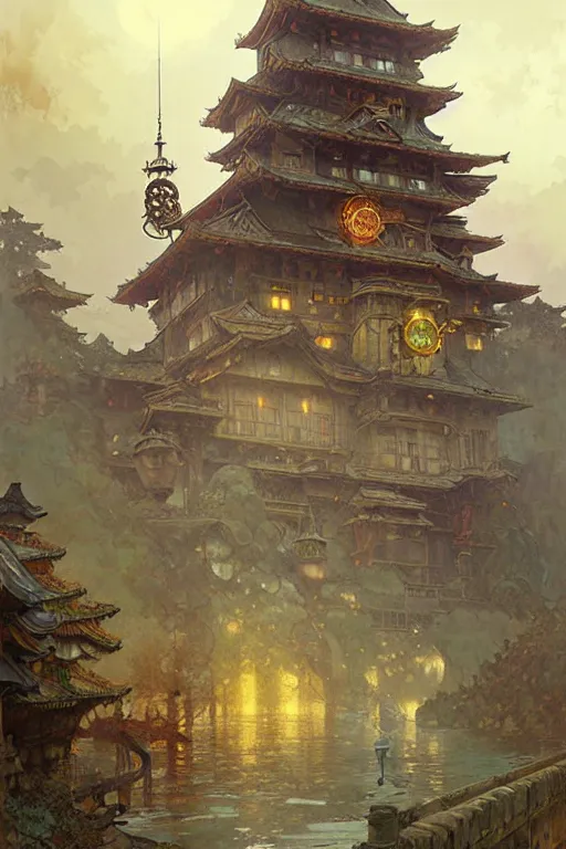 Prompt: steampunk Japanese ancient castle, fantasy, painting by greg rutkowski and alphonse mucha