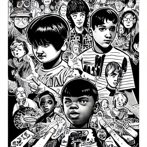 Prompt: mcbess illustration of strangers things kids