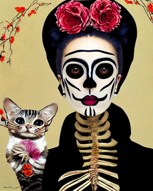 Image similar to a surrealistic head and shoulder painting of a gorgeous female skeleton with cat eyeballs and lipstick and hoodie, in the style of frida kahlo, digital art, detailed masterpiece