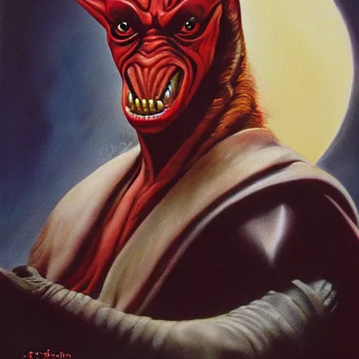 Prompt: ultra realistic portrait painting of jar jar binks as a sith lord, art by frank frazetta, 4 k, ultra realistic, highly detailed, epic lighting