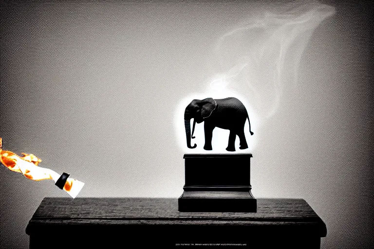 Image similar to republican elephant,pile of papers on fire,Judge's Bench burning, Judge's Gavel,Smoke,Fog Mads Berg, Karolis Strautniekas,stippled light, dramatic lighting,fine texutre, editorial illustration,matte print, film noir,dynamic composition,moody