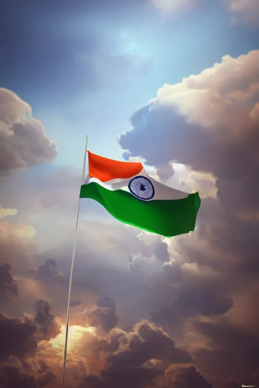 Prompt: indian flag, 3 d, volumetric, clouds, octane, 3 d render, 3 ds max + vray, art by beeple, india, cinematic